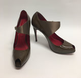 CESARE PACIOTTI Olive Patent Leather Peep-Toe Stilettos with Wide Satin Ankle Strap (Used)