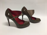 CESARE PACIOTTI Olive Patent Leather Peep-Toe Stilettos with Wide Satin Ankle Strap (Used)