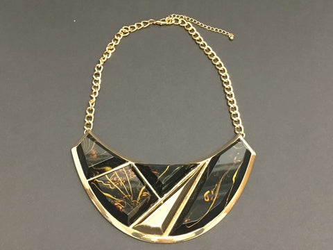 Costume Jewelry - Gold Bib Necklace with Large Geometric Inlaid Stones - Brown with Gold Accents