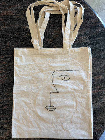 Hand Embroidered Abstract Face Tote Bag